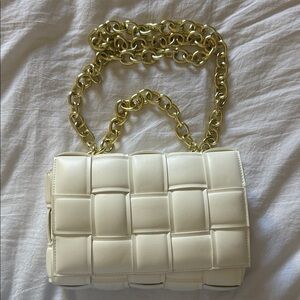 Woven Faux Leather Chain Shoulder Bag - Cream